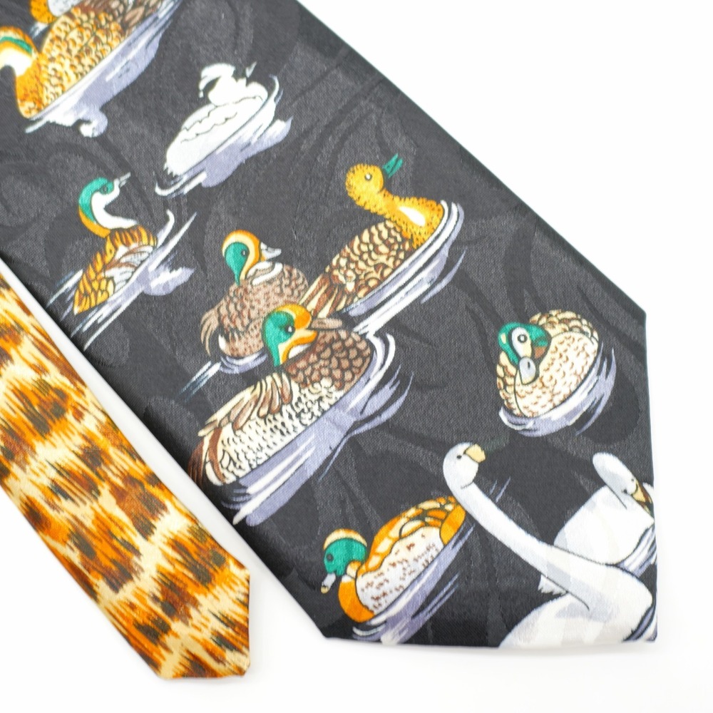 Steven‎ Harris "Duck & Swan" Jacquard Print Black Wide Silk Tie